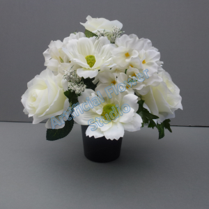 Cemetery pot with artificial ivory roses cosmos and hydrangea